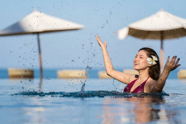 Cheerful Young Woman Swimsuit Playing Water Splashing Swimming Pool Sea — Stock Photo, Image