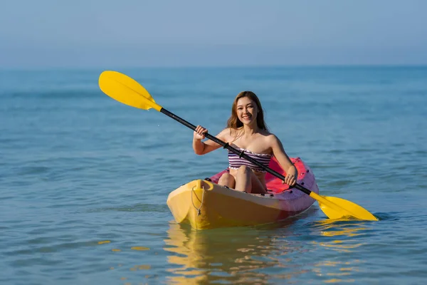Woman Swimsuit Paddling Kayak Boat Sea — Stock Photo, Image