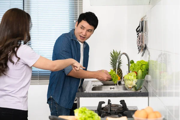 Stressed Young Couple Conflict Kitchen Angry Woman Pointing Hand Man — Stock Photo, Image