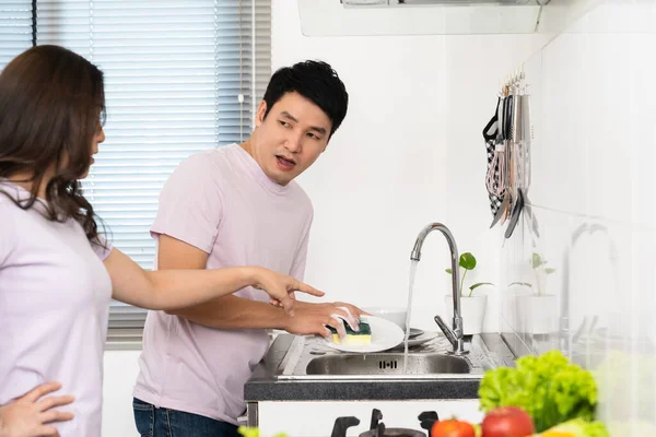 Stressed Young Couple Conflict Kitchen Angry Woman Pointing Hand Man — Stock Photo, Image