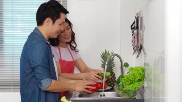 家庭の台所の洗面台で野菜を洗う幸せなカップル 共同調理 — ストック動画