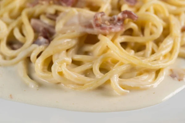 Close Carbonara Spaghetti Cream White Plate — Stock Photo, Image
