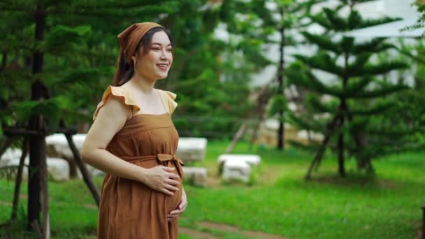 Genç Güzel Hamile Bir Kadın Bahçede Karnını Okşuyor — Stok video
