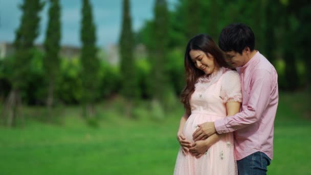 Παντρεμένο Ζευγάρι Περιμένει Παιδί Άντρας Αγκαλιάζει Την Έγκυο Γυναίκα Του — Αρχείο Βίντεο