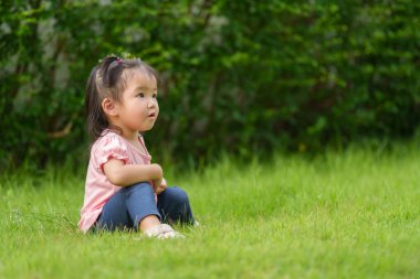 Çayır tarlasında oturan küçük kız.