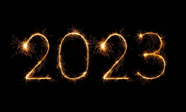 2023 Happy New Year Fireworks Celebration Written Sparkling Night — Stock Photo, Image