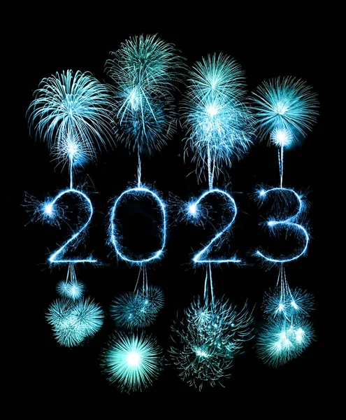 2023 happy new year fireworks celebration written sparkling at night