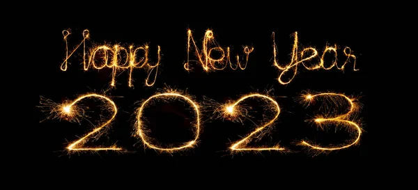 2023 Happy New Year Fireworks Celebration Written Sparkling Night — Stock Photo, Image