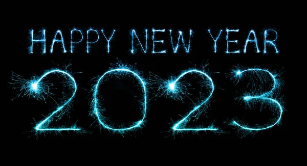 2023 Happy New Year Fireworks Celebration Written Sparkling Night — Stock Photo, Image
