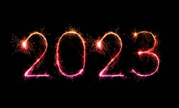 2023 Boldog Évet Tűzijáték Ünneplés Írt Pezsgő Éjjel — Stock Fotó