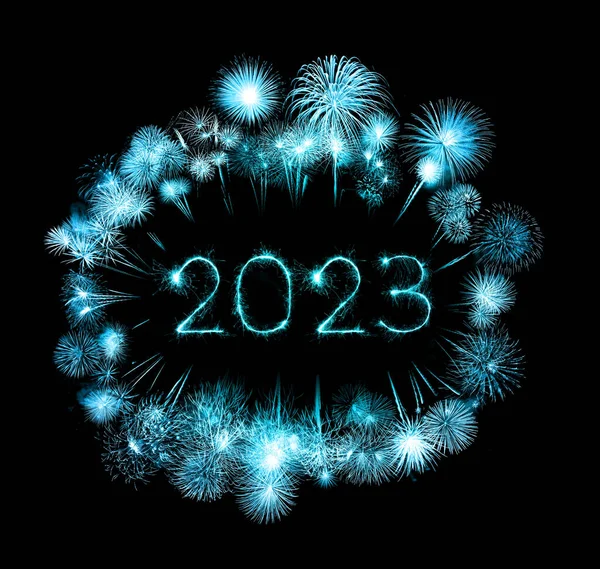 2023 happy new year fireworks celebration written sparkling at night