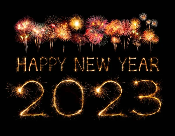 2023 Happy New Year Fireworks Celebration Written Sparkling Night — Stock Photo, Image