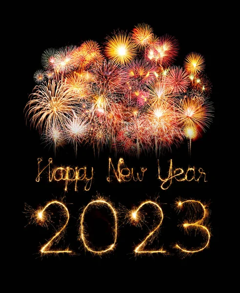 2023 Šťastný Nový Rok Ohňostroj Oslavy Písemné Jiskření Noci — Stock fotografie