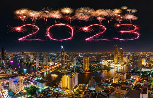 2023 Mutlu Yeni Yıl Havai Fişekleri Chao Phraya Nehri Şehir — Stok fotoğraf