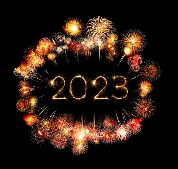 2023 Boldog Évet Tűzijáték Ünneplés Írt Pezsgő Éjjel — Stock Fotó