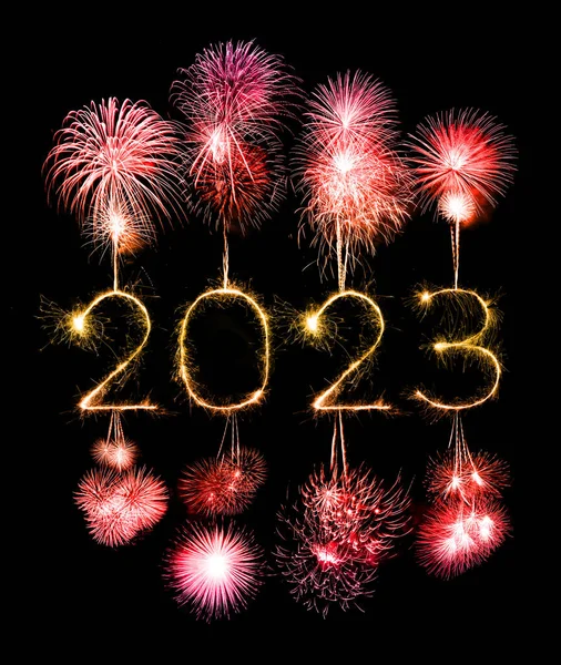 2023 happy new year fireworks celebration written sparkling at night