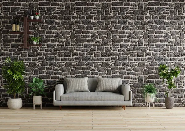 Modern oturma odası güzel desenli tuğla duvarlar, zemine kanepeler ve 3 boyutlu kabartmalar.