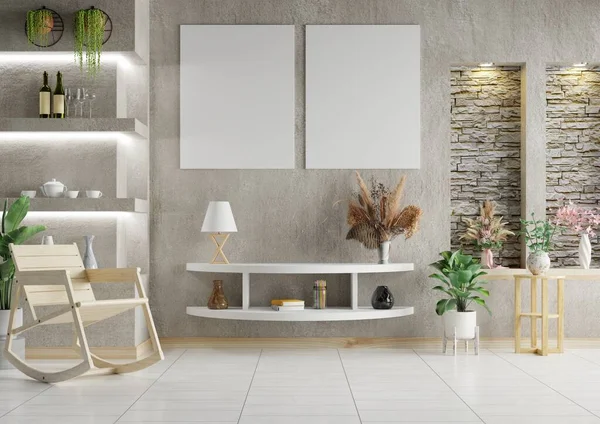 Duvarları beton kaplı, mobilya, vazo ve saksı döşeli modern oturma odası.