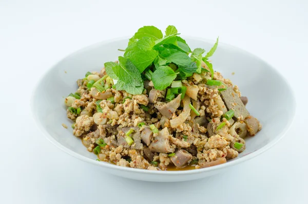 Pittig gehakt varkensvlees salade, gehakt varkensvlees puree met pittige, Thaise gerechten — Stockfoto