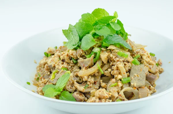 Pittig gehakt varkensvlees salade, gehakt varkensvlees puree met pittige, Thaise gerechten — Stockfoto