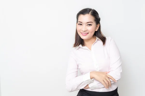 Portret van lachende zakenvrouw, geïsoleerd op witte achtergrond — Stockfoto