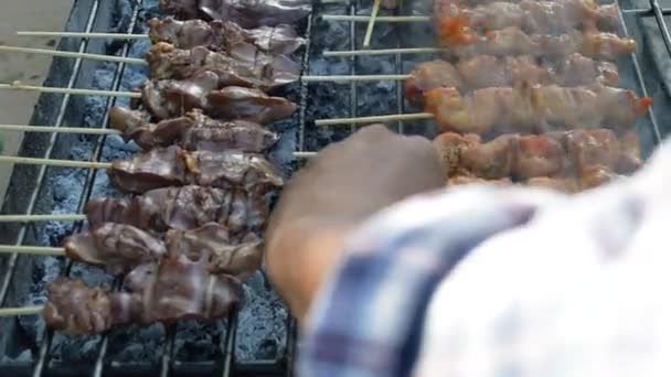 Venkovní vaření grilování kuře — Stock video