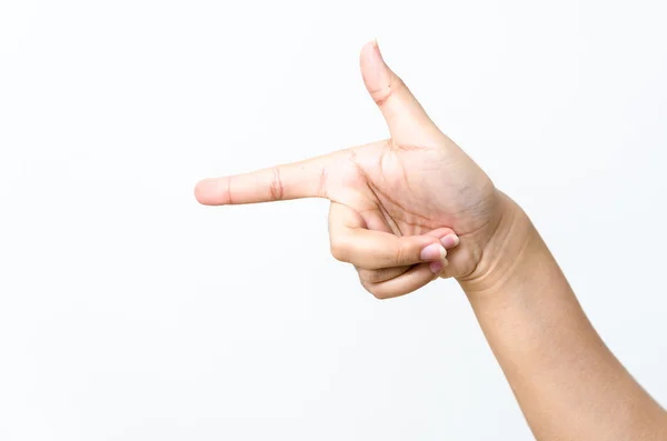 Close-up van mooie vrouw hand, palm omhoog. geïsoleerd op witte b — Stockfoto