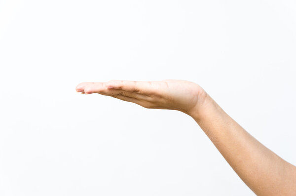 Close-up of beautiful woman's hand, palm up. Isolated on white b
