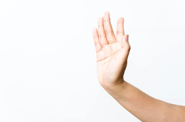 Primer plano de la mano de una hermosa mujer, con la palma en alto. Aislado sobre blanco b — Foto de Stock