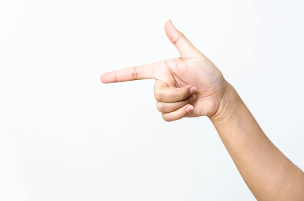 Primer plano de la mano de una hermosa mujer, con la palma en alto. Aislado sobre blanco b — Foto de Stock