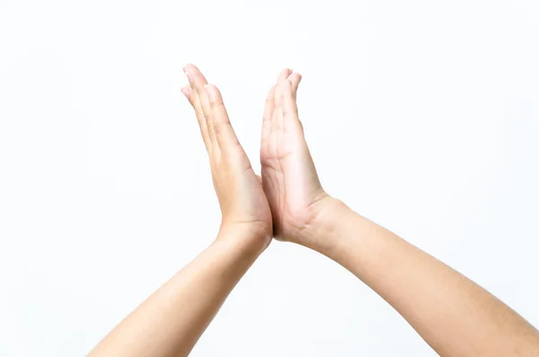 Close-up van mooie vrouw hand, palm omhoog. geïsoleerd op witte b — Stockfoto