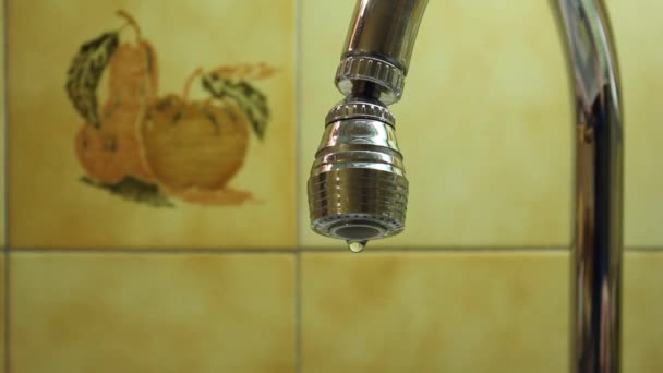 Grifo de cocina contra una pared de azulejos — Vídeo de stock