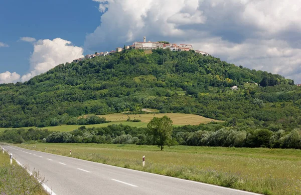 Historyczne Miasto Motovun Szczycie Wzgórza Chorwackiej Istrii Główną Drogą Rozciągającą — Zdjęcie stockowe