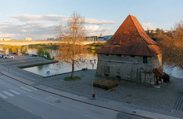 Maribor Slovenia April 2022 Medieval Water Tower Drava River Sunset — Stockfoto