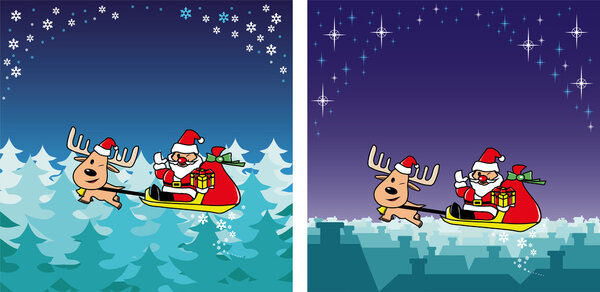 Santa with deer fly over the forest and village