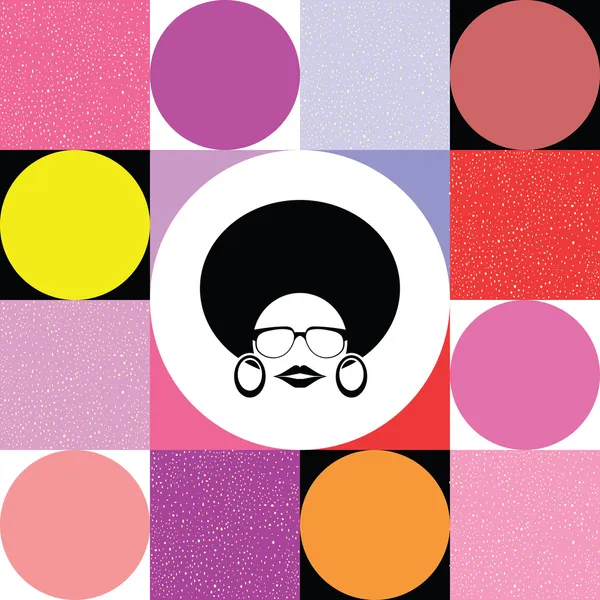 Mulher com estilo afro no fundo retro colorido —  Vetores de Stock