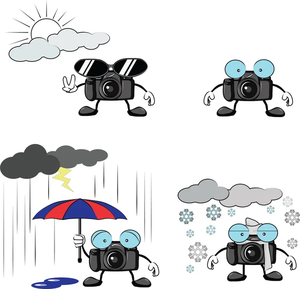 Güneşli, yağmurlu ve kış durumda kamera karikatür — Stok Vektör