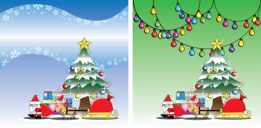 Noel Baba ve Noel ağacı arka plan üzerinde Ren geyiği