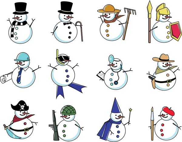 Snowman in many fancy costumes — Stock Vector