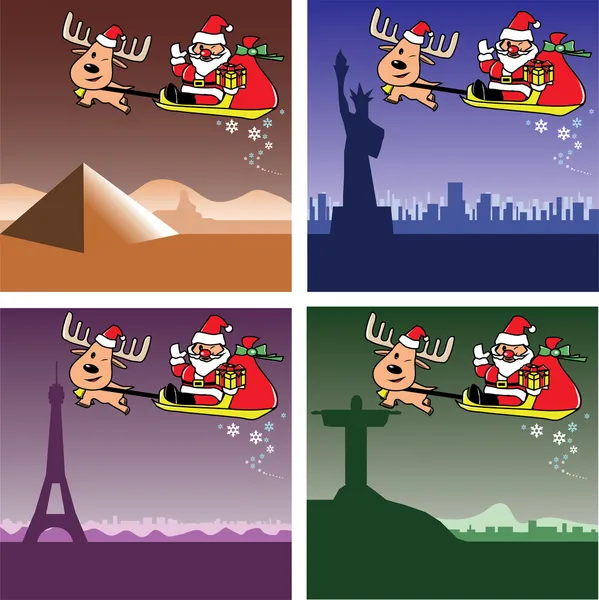 Xchristmas kaarten, santa en herten in Egypte, Verenigde Staten, Frankrijk, Brazilië — Stockvector