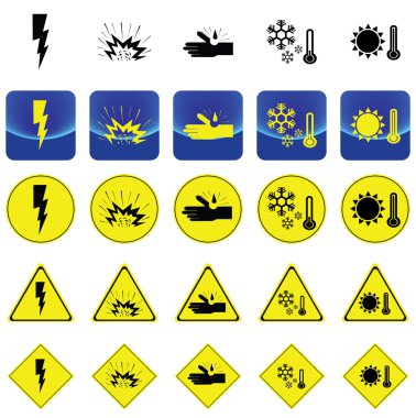 elektrik şoku, patlayıcı, korozyon, soğuk, uyarı işareti vektör ısı