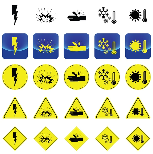 Warnschild für Stromschlag, Explosivstoffe, Korrosion, Kälte, Wärmeübertragung — Stockvektor