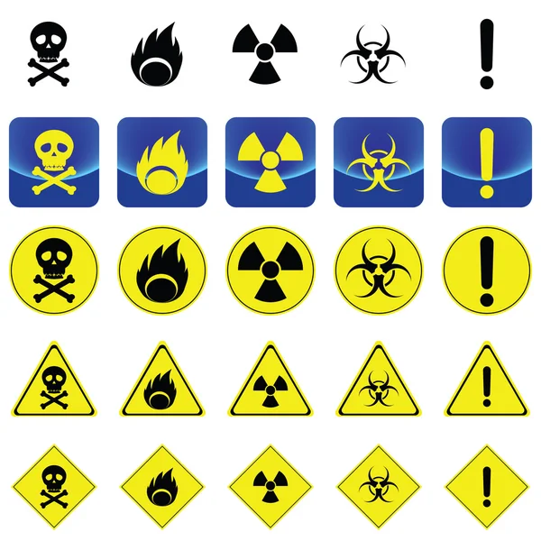 Varningsskylt för radio active, bio hazard, flame — Stock vektor