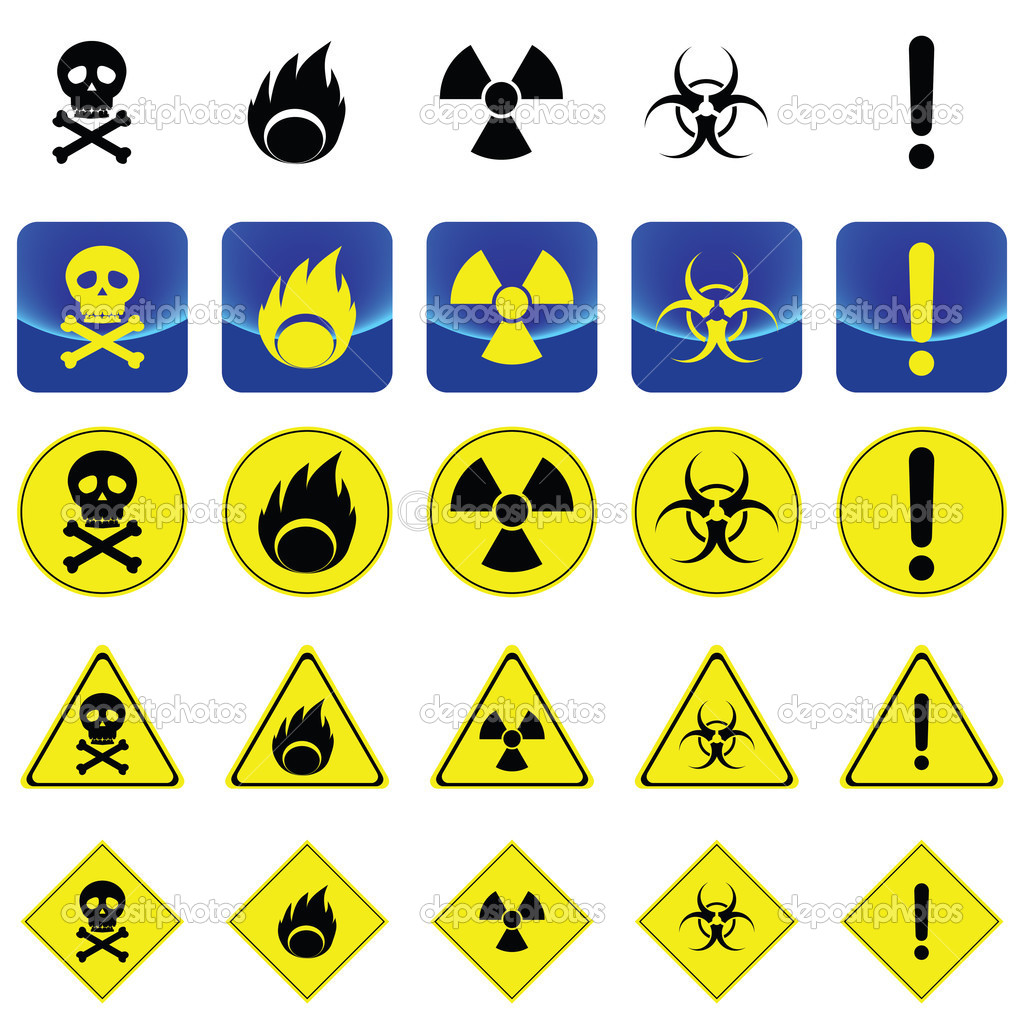 Warning sign for radio active, bio hazard, flame
