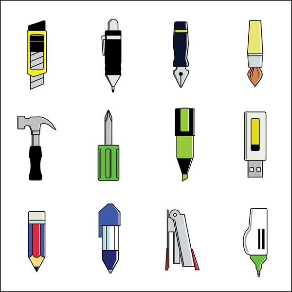 Alat dan vektor alat tulis meliputi pena, pensil, cutter, kuas cat - Stok Vektor