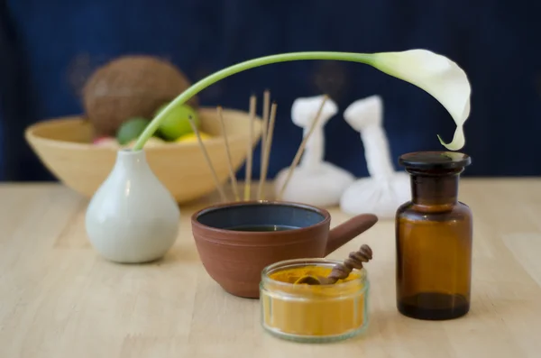 An arrangement of spice, oil and massaging tools used in Ayurved — Stock Photo, Image