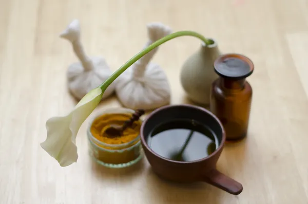 An arrangement of spice, oil and massaging tools used in Ayurved — Stock Photo, Image