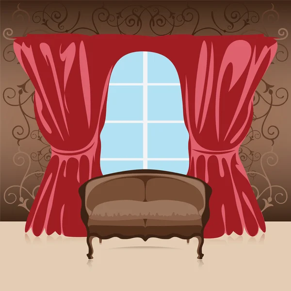 Interior, sofa in the room against the wall, curtains and window — Stock Vector