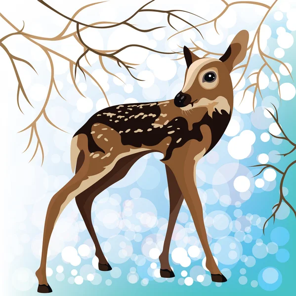 Mladý jelen v zimním lese, vektorové ilustrace — Stockový vektor