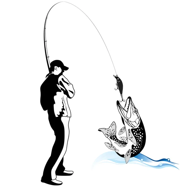 Рыбак поймал щуку, векторная иллюстрация — стоковый вектор